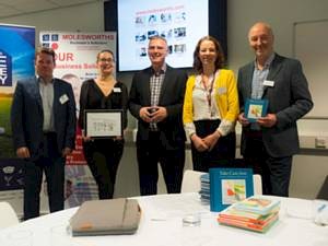 Front (left to right): Paul Dixon, Partner at Molesworths, Delphine Greenhalgh (Prize Winner), Pete Yarwood (Red Rose Recovery), Fiona Brigg (Link4Life) and Tony Husband (Cartoonist/Author). Photo credit: Kerry & David Hargreaves Photography